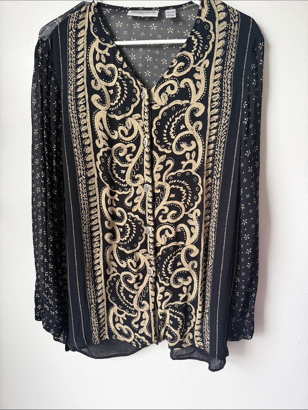 Amanda Smith Black & Gold Embroidered Button-Front Blouse SZ M